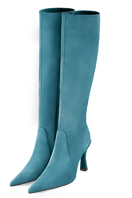 Peacock blue women's feminine knee-high boots. Pointed toe. Very high spool heels. Made to measure. Front view - Florence KOOIJMAN